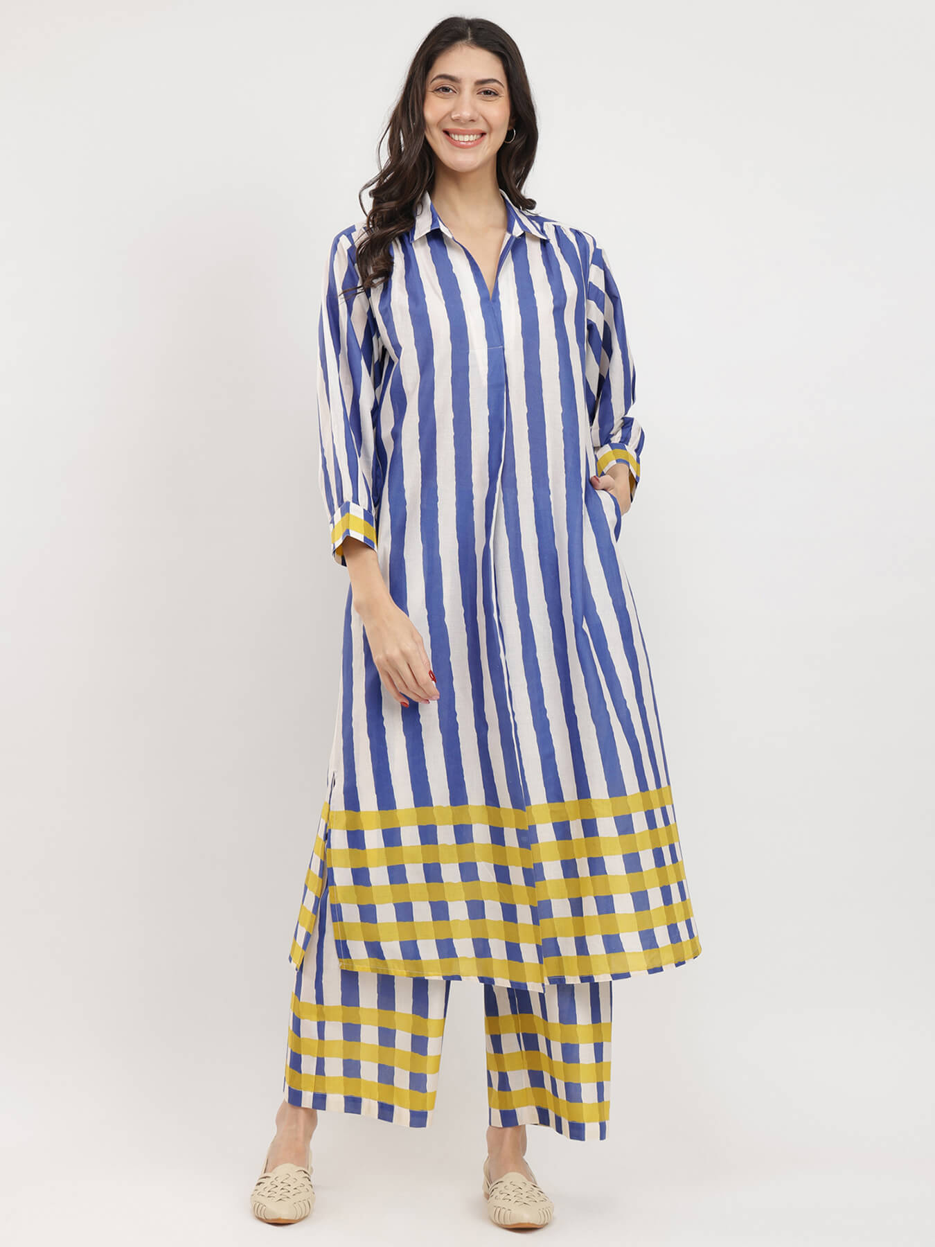 Cotton Stripe Play Shirt Collar Kurta Set - Blue & Yellow