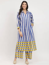 Cotton Stripe Play Shirt Collar Kurta Set - Blue & Yellow