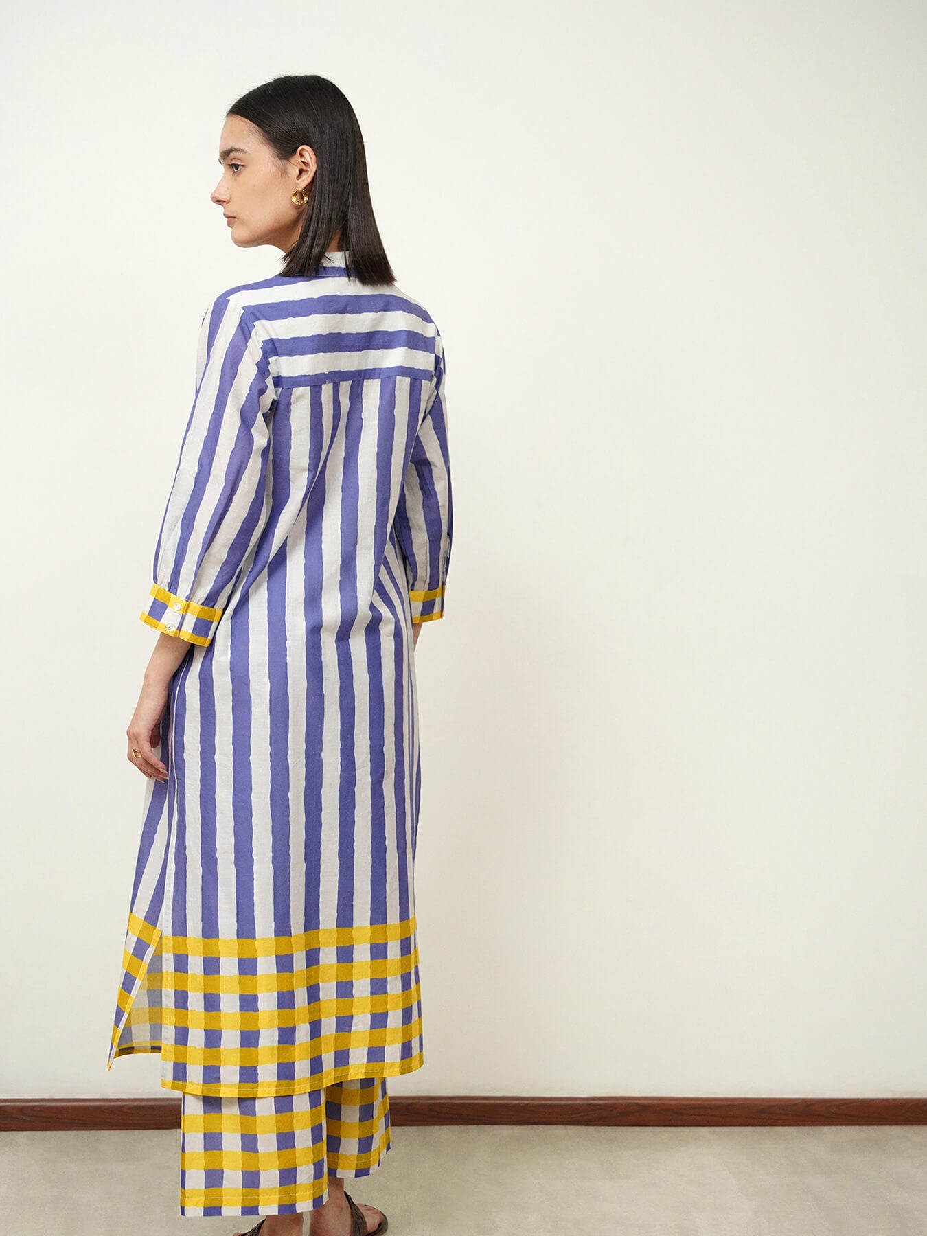 Cotton Stripe Play Shirt Collar Kurta Set - Blue & Yellow