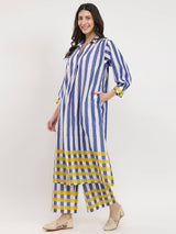 Cotton Stripe Play Shirt Collar Kurta Set - Blue & Yellow