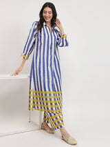 Cotton Stripe Play Shirt Collar Kurta Set - Blue & Yellow