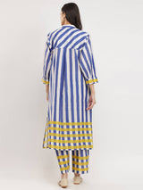 Cotton Stripe Play Shirt Collar Kurta Set - Blue & Yellow