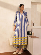 Cotton Stripe Play Shirt Collar Kurta Set - Blue & Yellow
