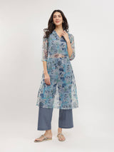 Organza Floral Print Kurta Set - Teal