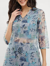Organza Floral Print Kurta Set - Teal