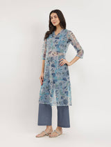 Organza Floral Print Kurta Set - Teal