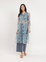 Organza Floral Print Kurta Set - Teal