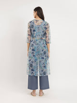 Organza Floral Print Kurta Set - Teal