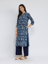 Cotton Dabu Floral Kurta Set - Indigo