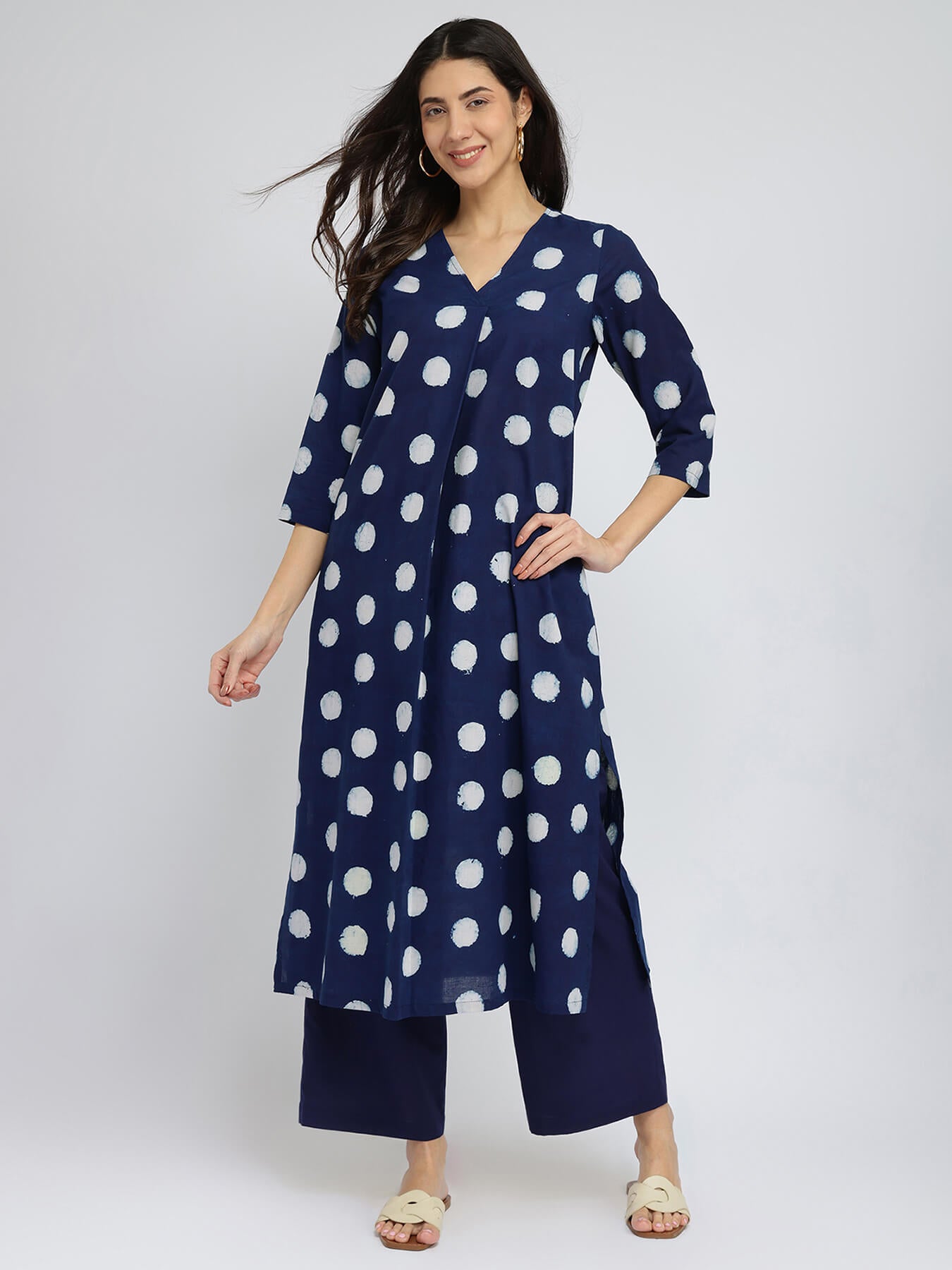 Cotton Dabu Polka Pleated Kurta Set - Indigo