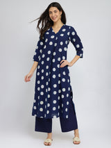 Cotton Dabu Polka Pleated Kurta Set - Indigo