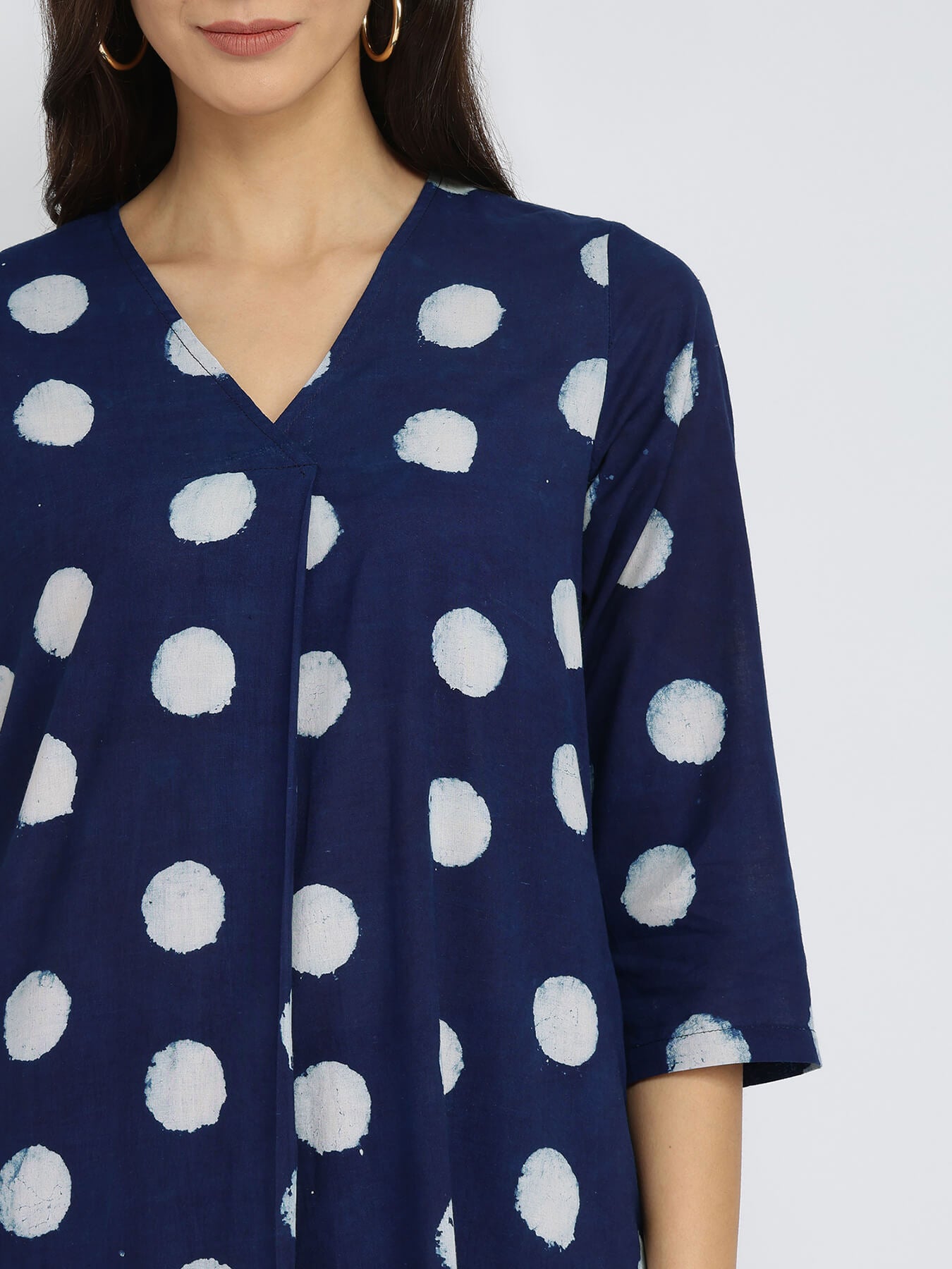 Cotton Dabu Polka Pleated Kurta Set - Indigo