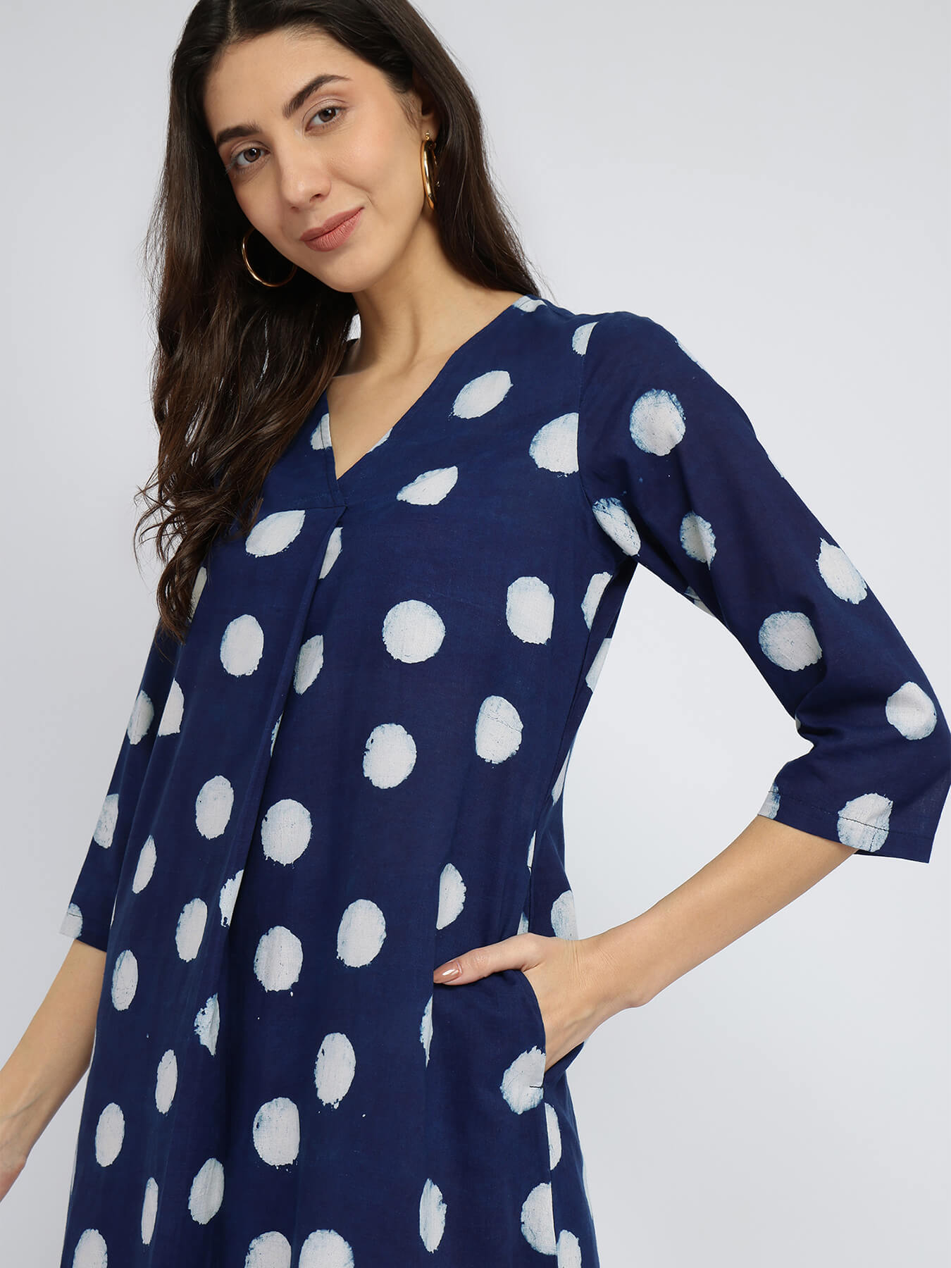 Cotton Dabu Polka Pleated Kurta Set - Indigo