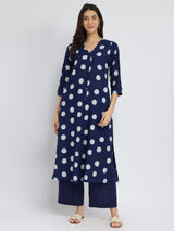 Cotton Dabu Polka Pleated Kurta Set - Indigo