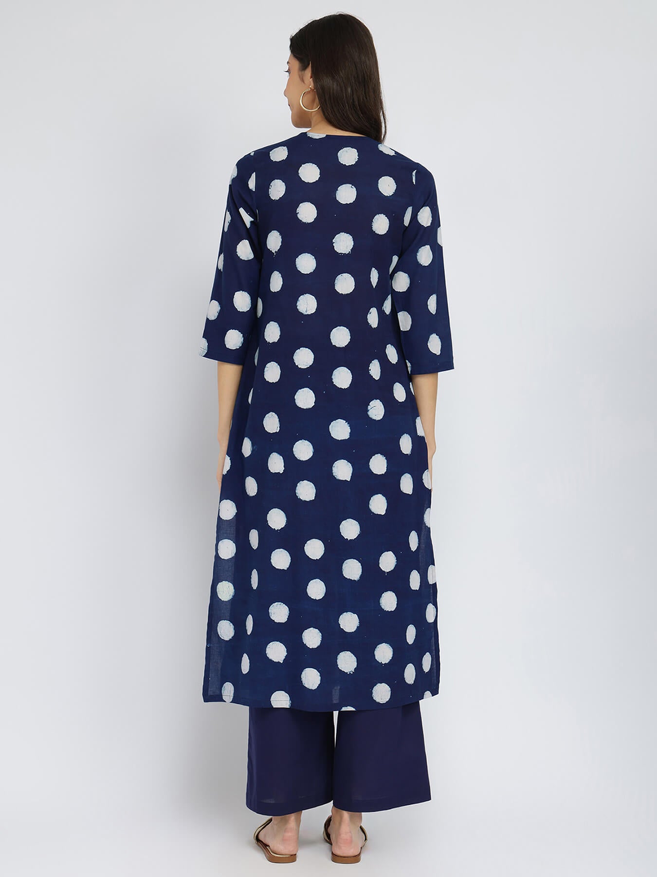 Cotton Dabu Polka Pleated Kurta Set - Indigo