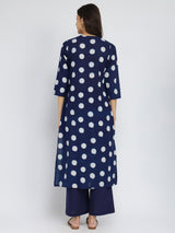 Cotton Dabu Polka Pleated Kurta Set - Indigo