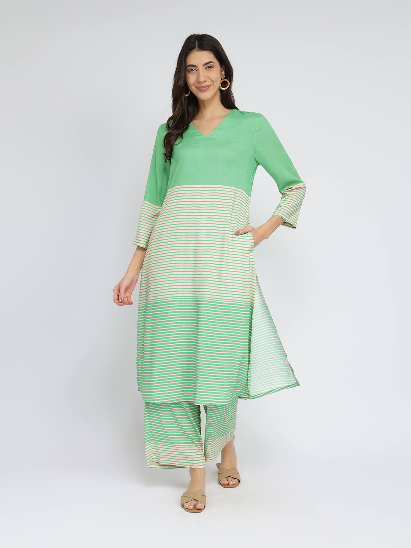 Rayon Striped A-Line Kurta Set - Green