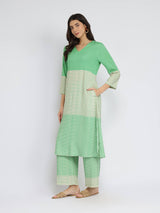 Rayon Striped A-Line Kurta Set - Green