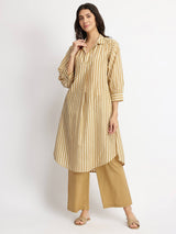 Cotton Striped Shirt Collar Kurta Set - Off-White & Khaki