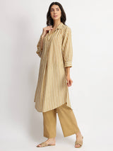 Cotton Striped Shirt Collar Kurta Set - Off-White & Khaki