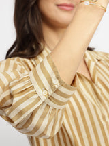 Cotton Striped Shirt Collar Kurta Set - Off-White & Khaki