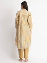 Cotton Striped Shirt Collar Kurta Set - Off-White & Khaki