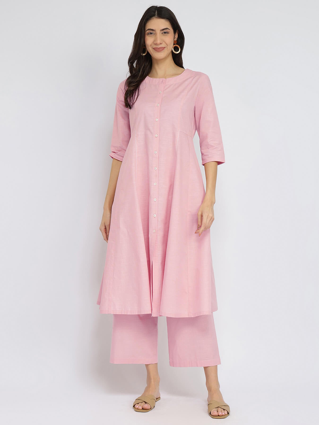 Luxe-Textured Cotton Solid Kurta Set - Pink