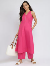 Air Loom Cotton Poplin Solid Kurta Set - Pink