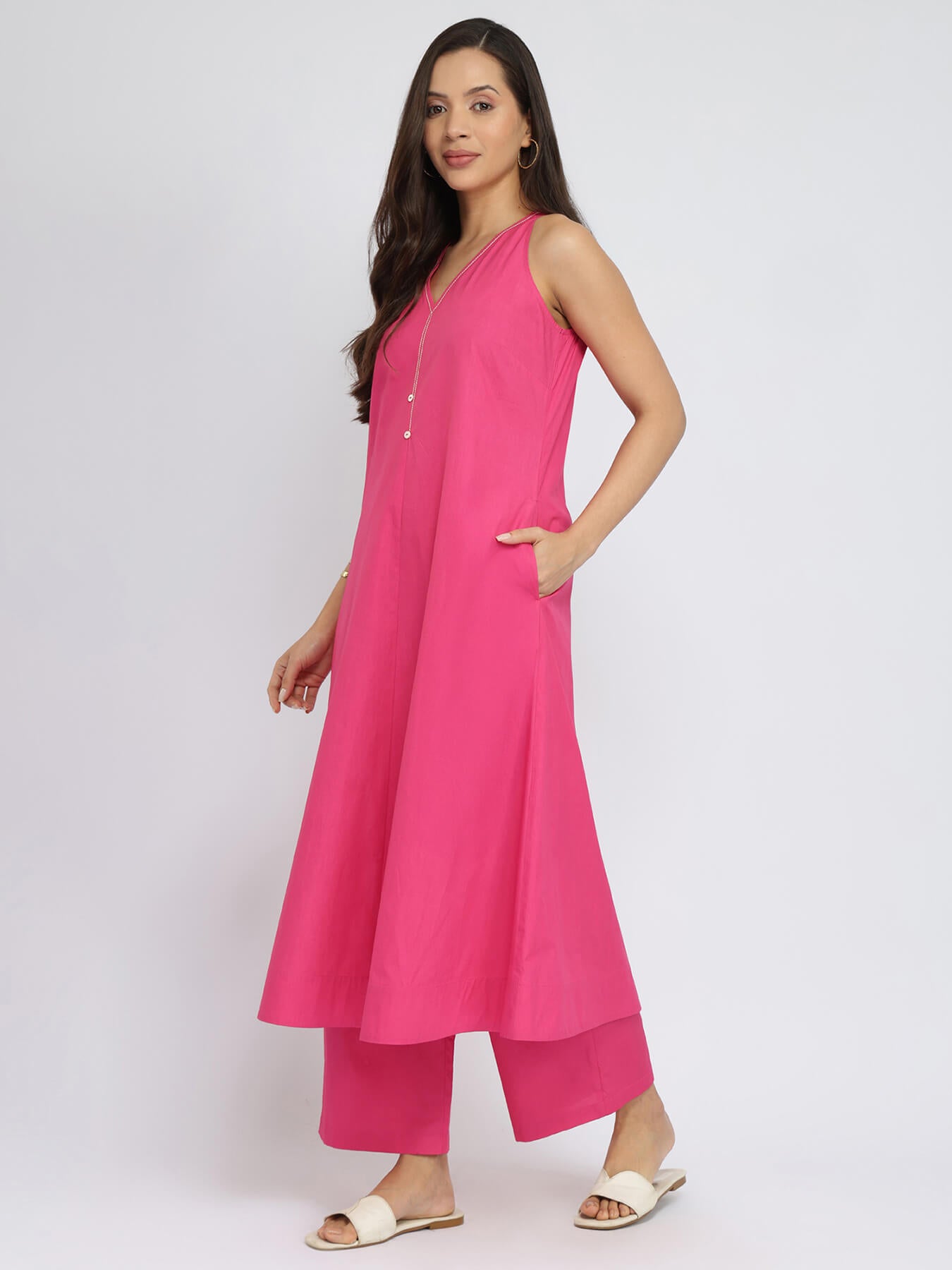 Air Loom Cotton Poplin Solid Kurta Set - Pink