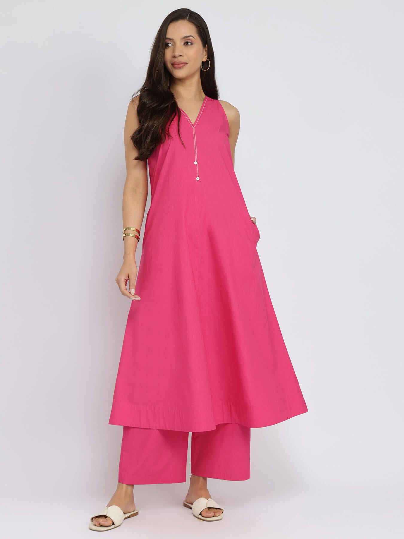 Air Loom Cotton Poplin Solid Kurta Set - Pink