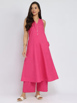 Air Loom Cotton Poplin Solid Kurta Set - Pink