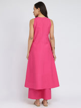 Air Loom Cotton Poplin Solid Kurta Set - Pink