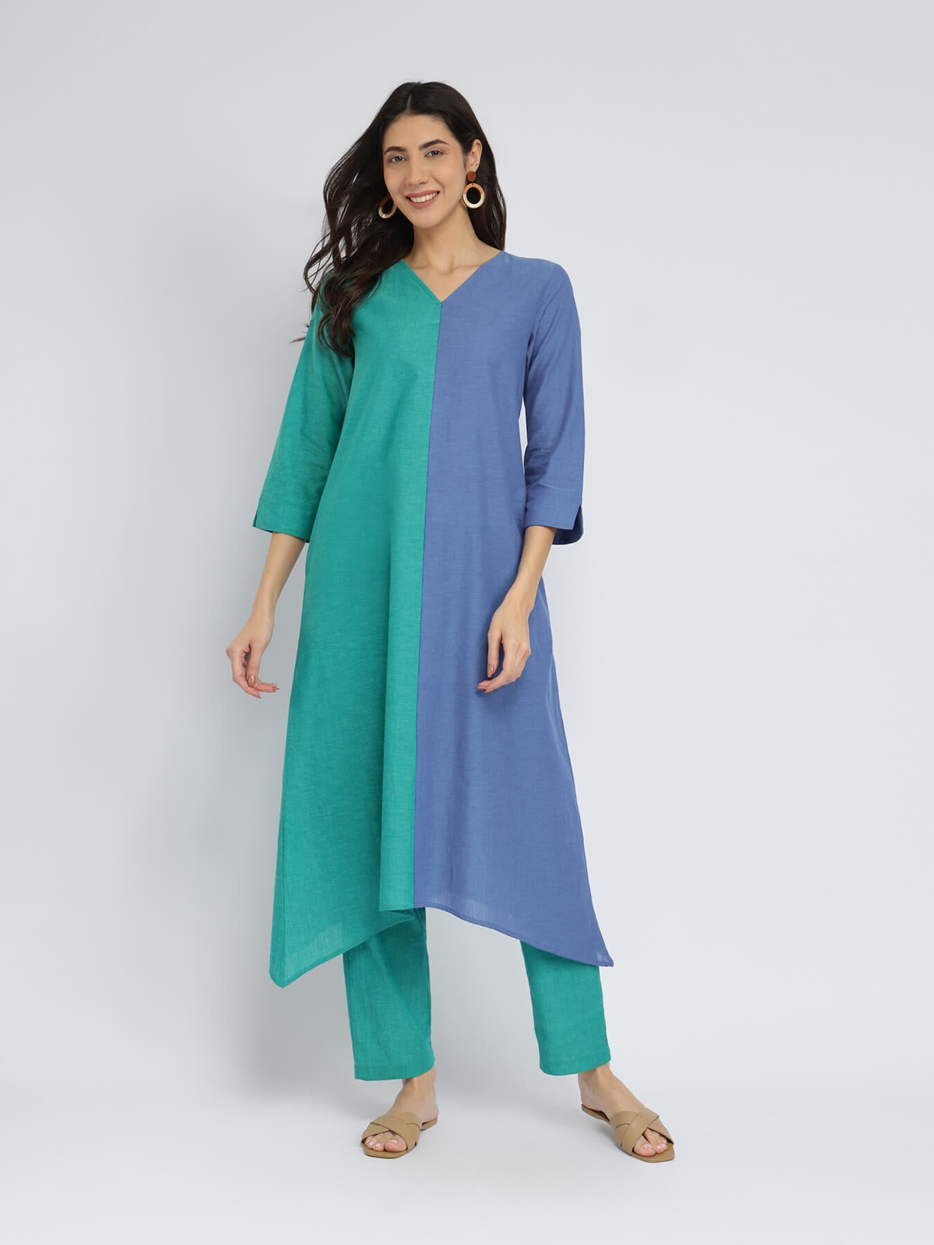 Cotton Colourblock Handwoven Kurta Set - Green & Blue