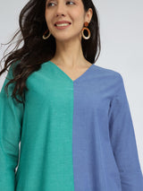 Cotton Colourblock Handwoven Kurta Set - Green & Blue