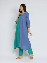 Cotton Colourblock Handwoven Kurta Set - Green & Blue
