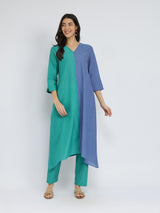 Cotton Colourblock Handwoven Kurta Set - Green & Blue