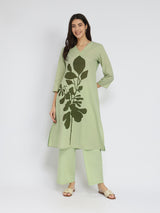 Cotton Floral Placement Print Kurta Set - Green