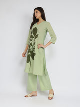 Cotton Floral Placement Print Kurta Set - Green