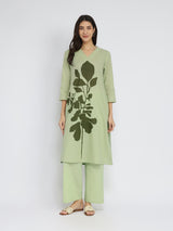Cotton Floral Placement Print Kurta Set - Green