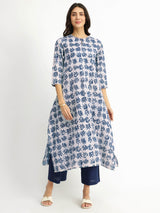 Cotton Dabu Leaf Print Kurta Set - Indigo
