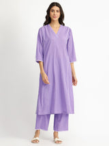 Cotton Striped Self Design Kurta Set - Lavender