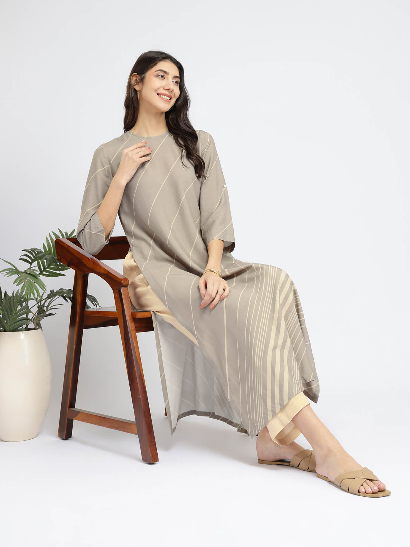 Rayon Striped A-Line Kurta Set - Grey