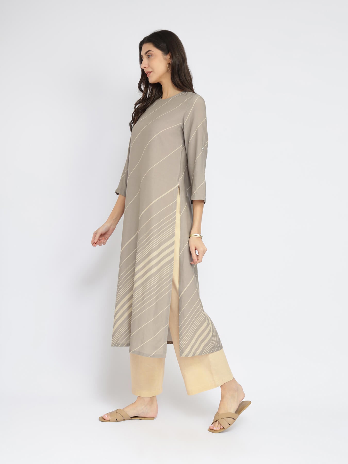 Rayon Striped A-Line Kurta Set - Grey