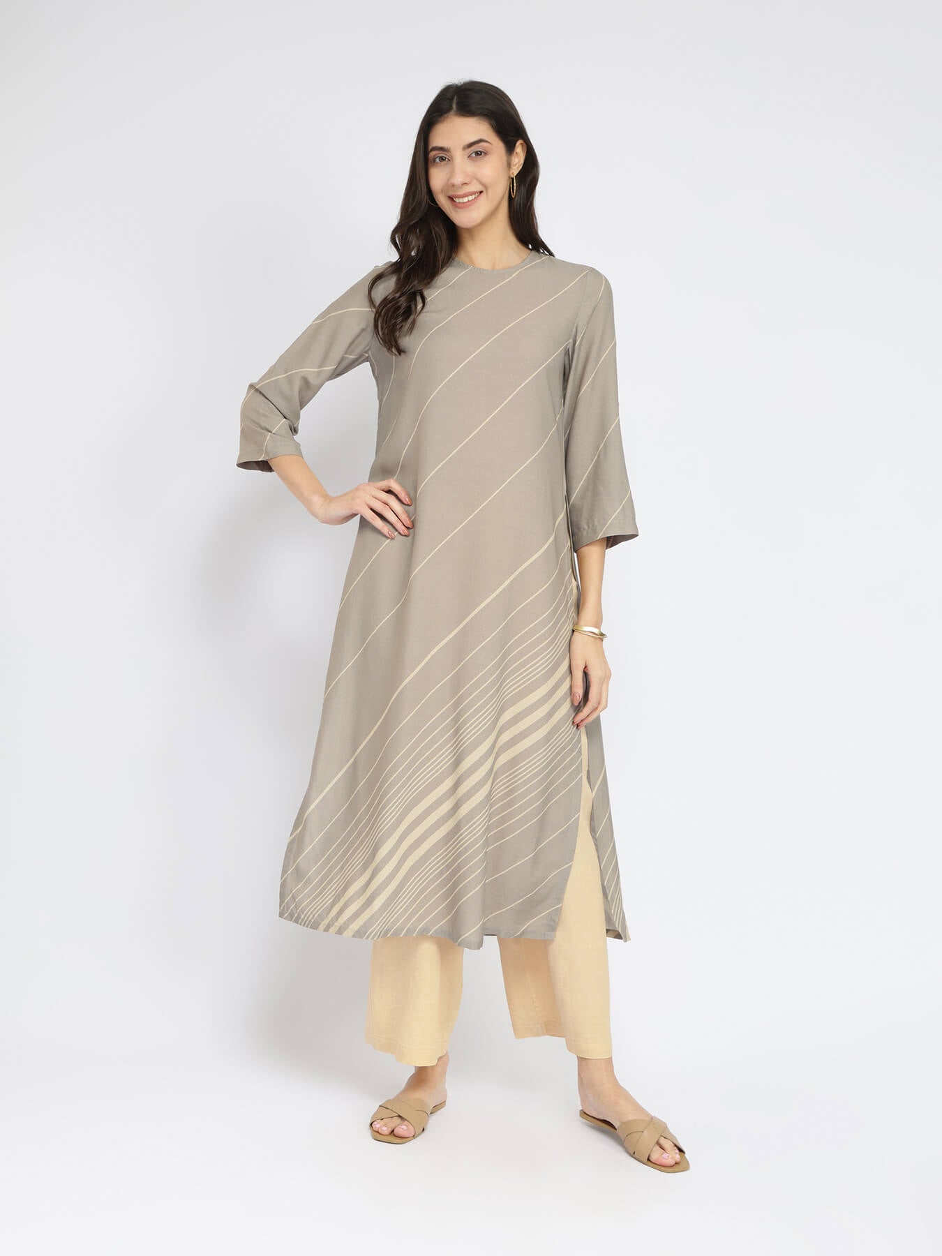 Rayon Striped A-Line Kurta Set - Grey