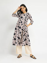 Cotton Floral Buttoned Kurta Set - Off-White & Black