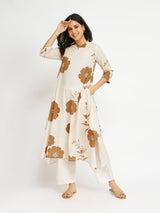 Cotton Floral Asymmetrical Kurta Set - Off-White & Brown