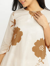Cotton Floral Asymmetrical Kurta Set - Off-White & Brown