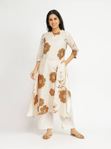 Cotton Floral Asymmetrical Kurta Set - Off-White & Brown