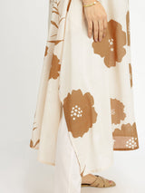 Cotton Floral Asymmetrical Kurta Set - Off-White & Brown