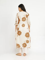 Cotton Floral Asymmetrical Kurta Set - Off-White & Brown